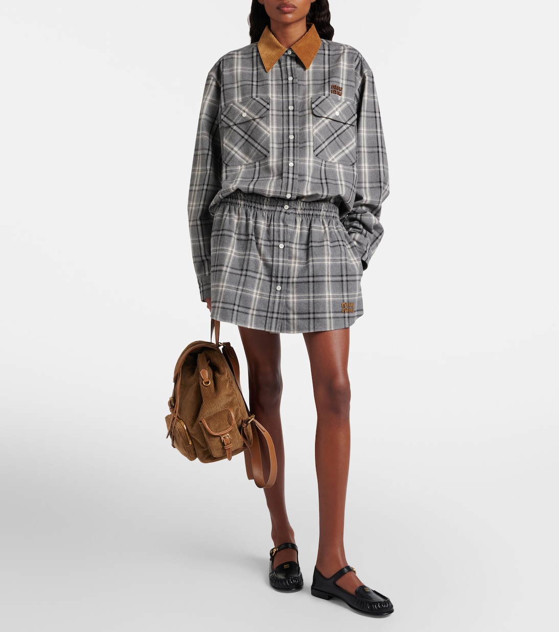 Leather-trimmed corduroy backpack | Miu Miu