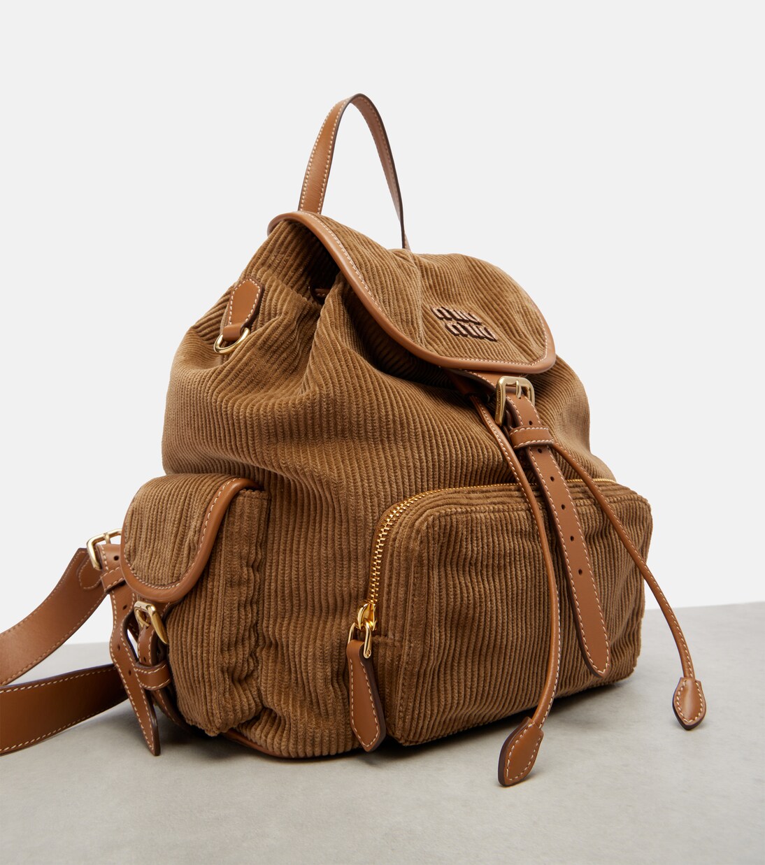 Leather-trimmed corduroy backpack | Miu Miu