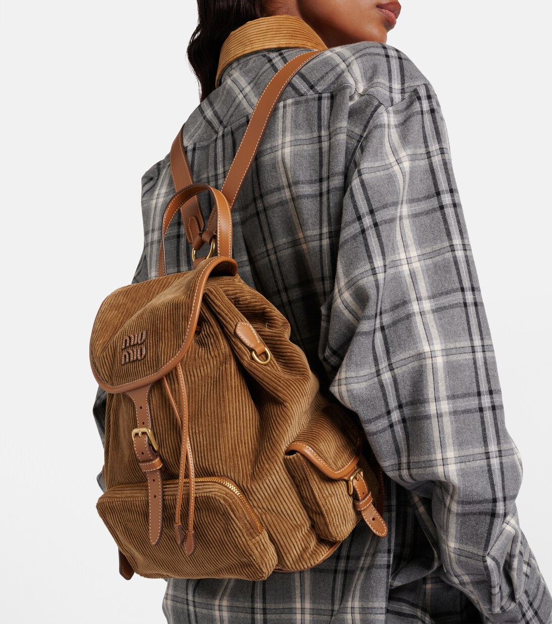 Leather-trimmed corduroy backpack | Miu Miu