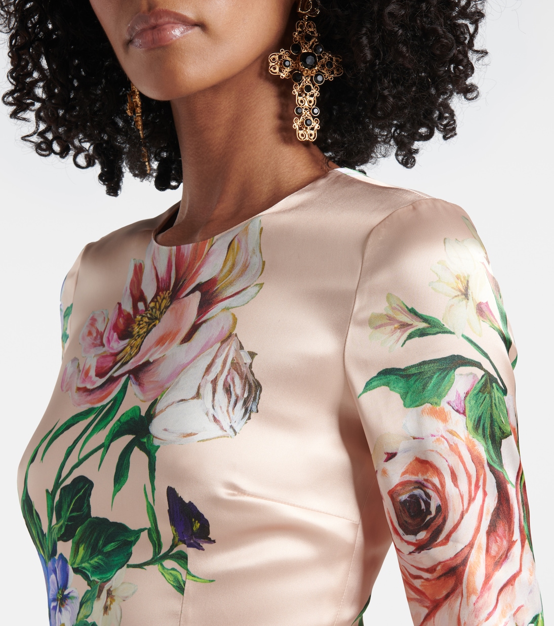 Robe midi en satin à fleurs | Dolce&Gabbana