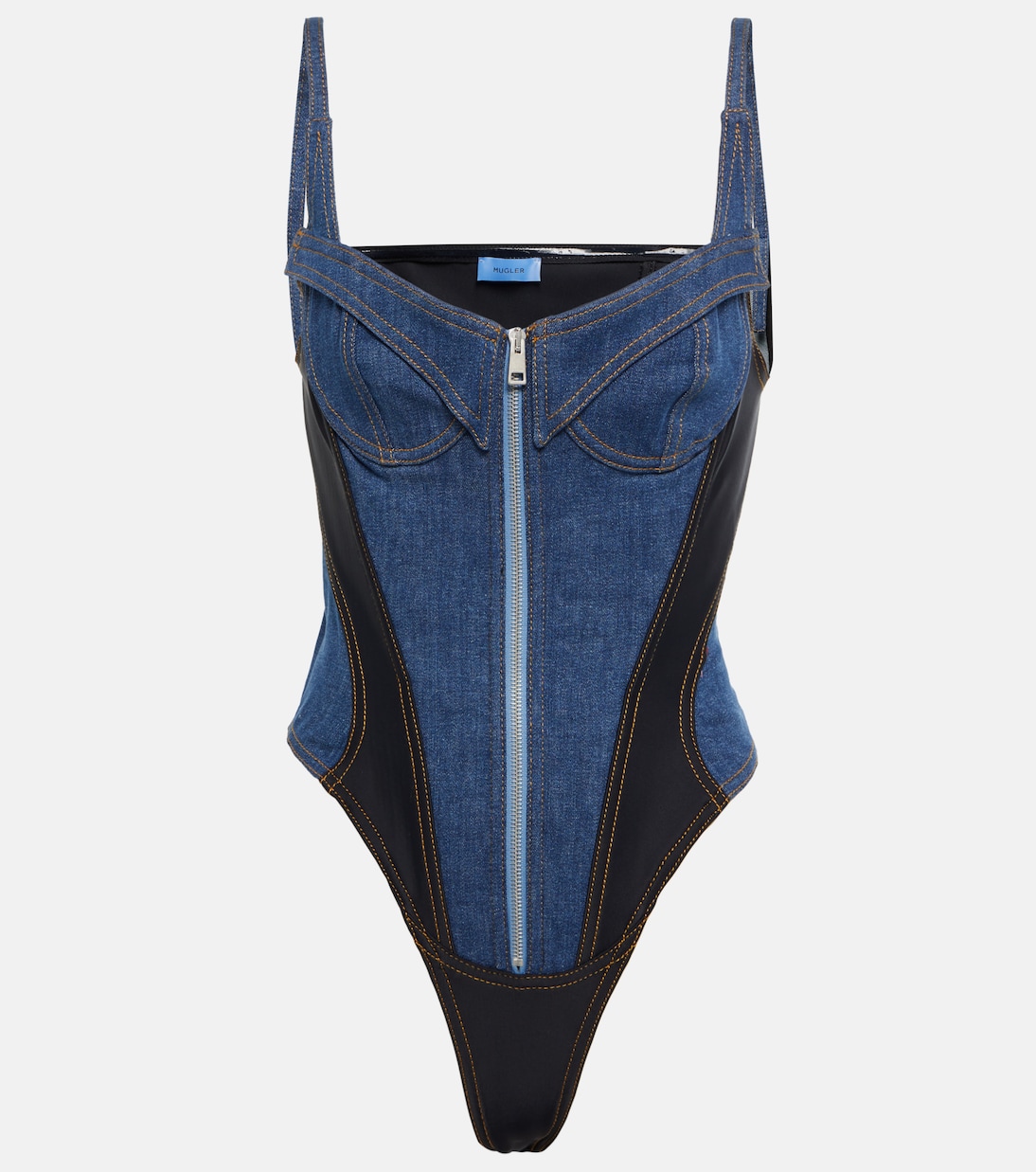 Paneled denim bodysuit | Mugler