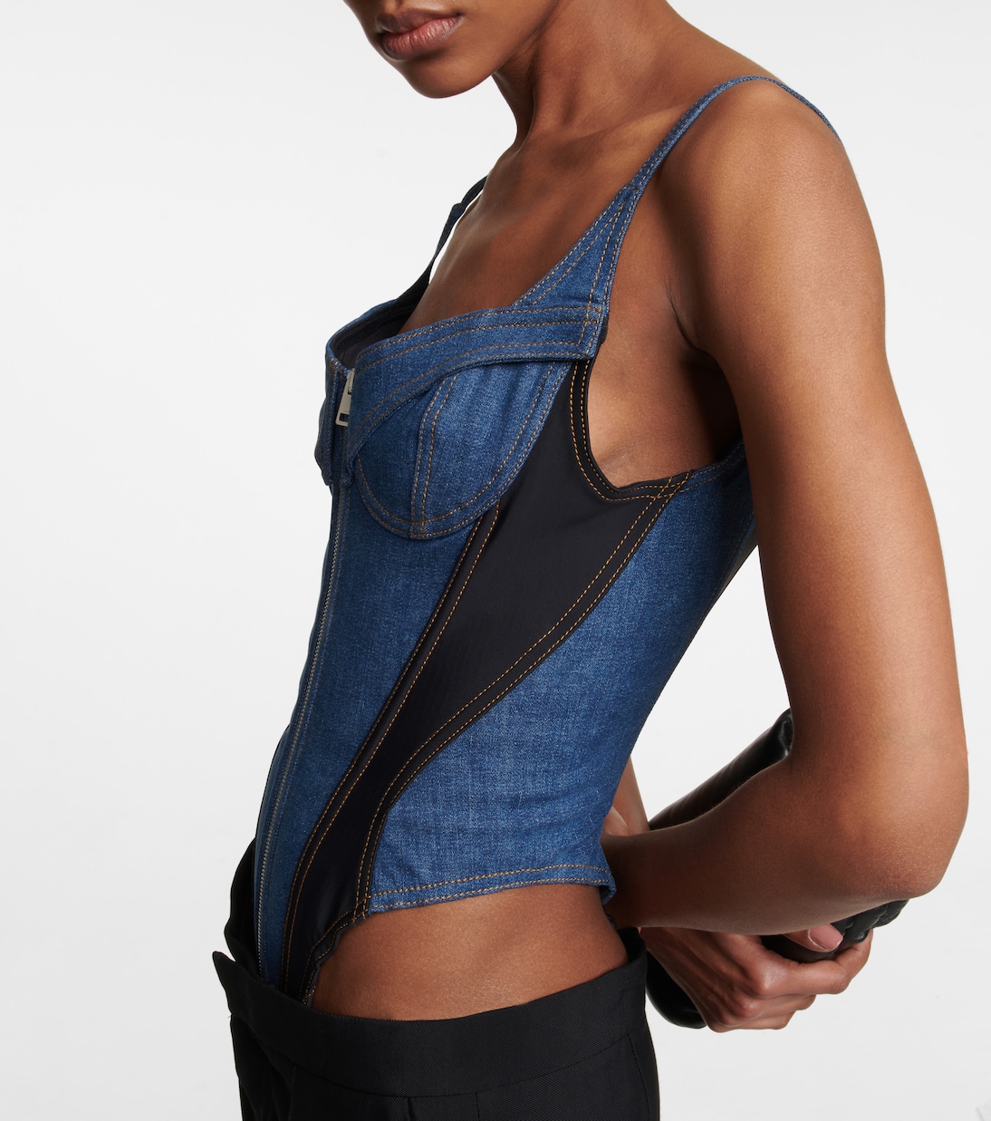 Paneled denim bodysuit | Mugler