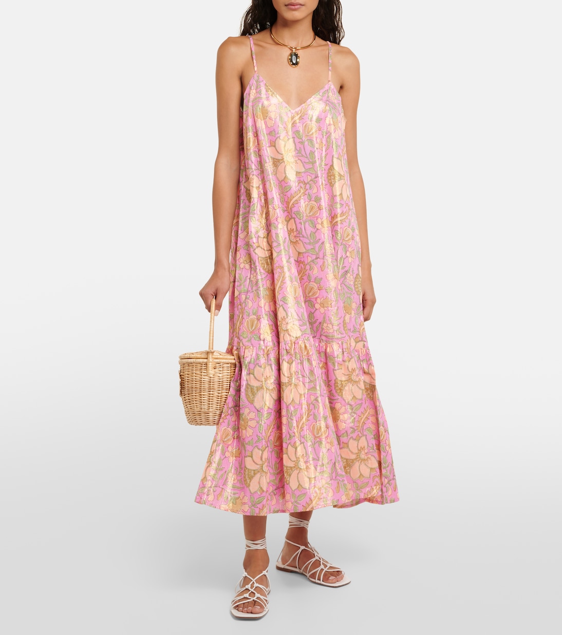 Floral cotton-blend lamé midi dress | Juliet Dunn