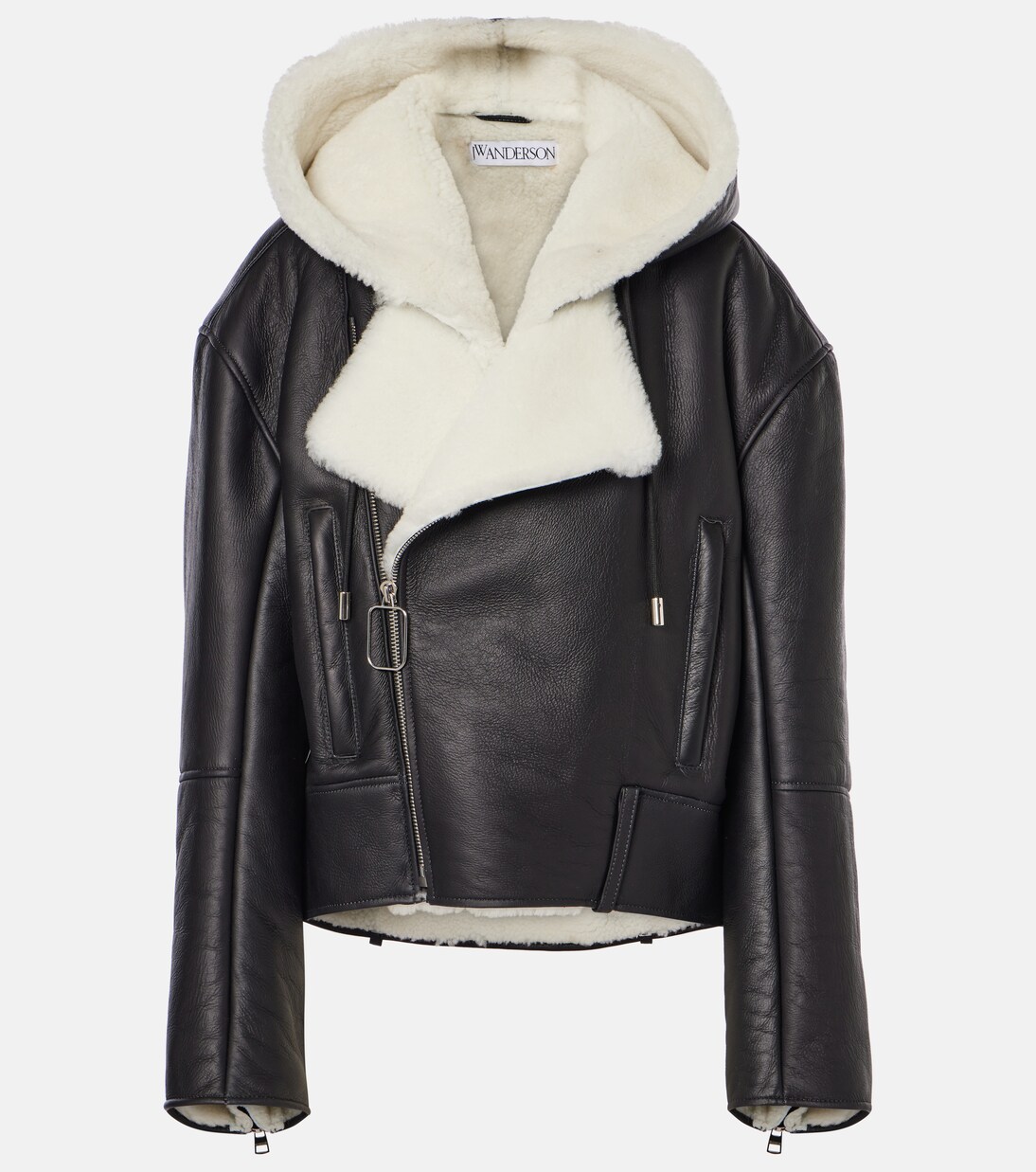 Hooded leather and shearling biker jacket in black JW Anderson Mytheresa