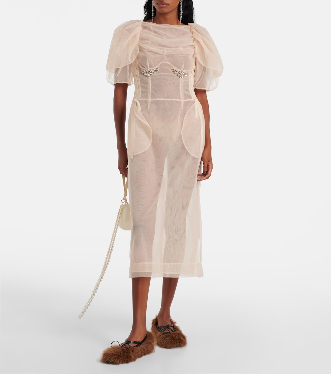 Embellished ruched mesh midi dress | Simone Rocha