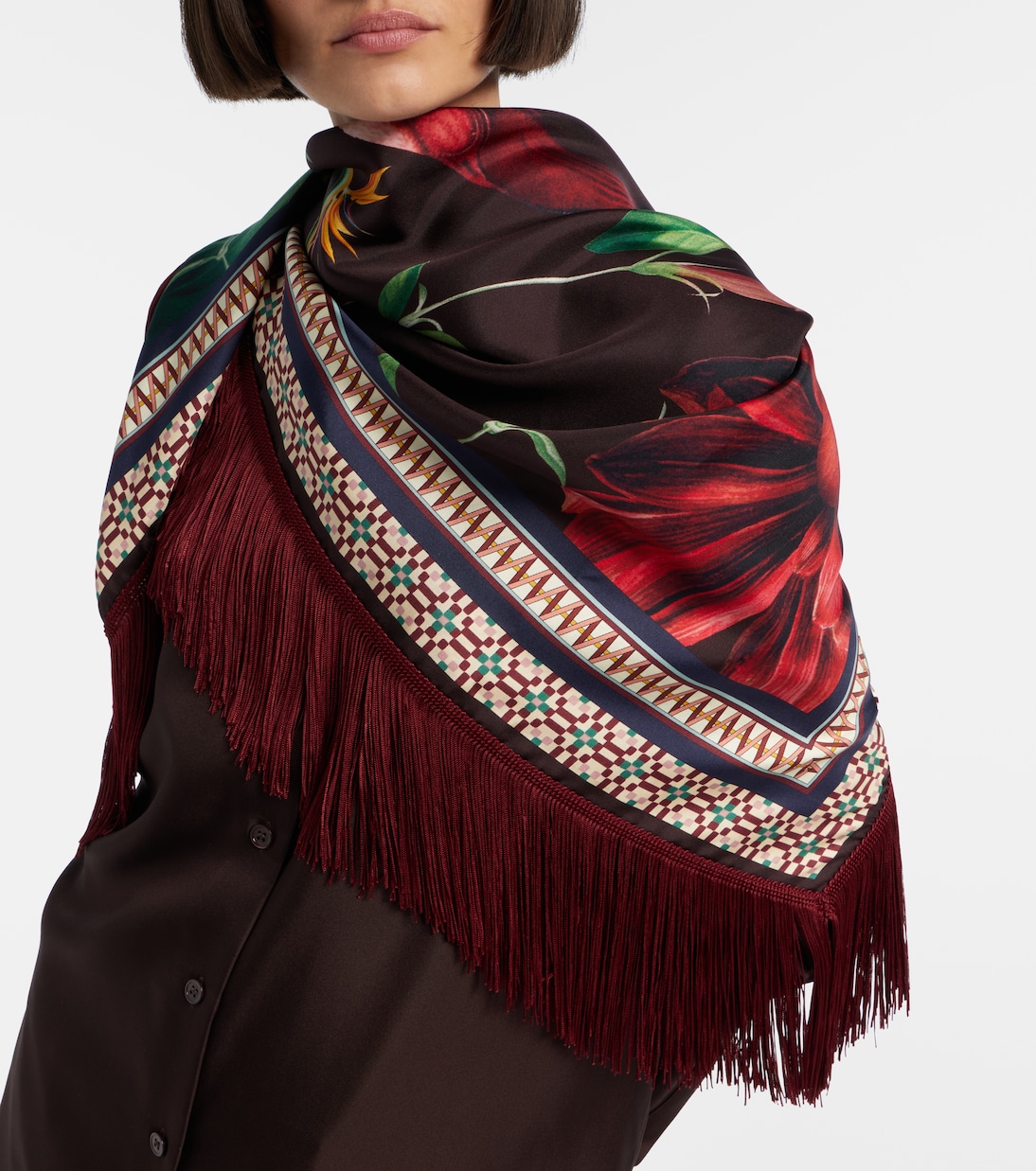 Fringed printed silk twill scarf | La DoubleJ