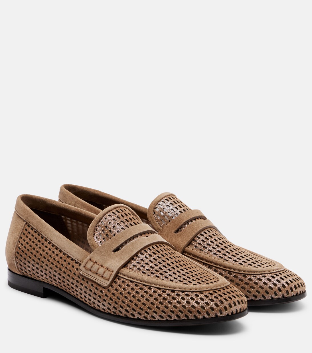 Perforated suede-trimmed leather penny loafers | Brunello Cucinelli