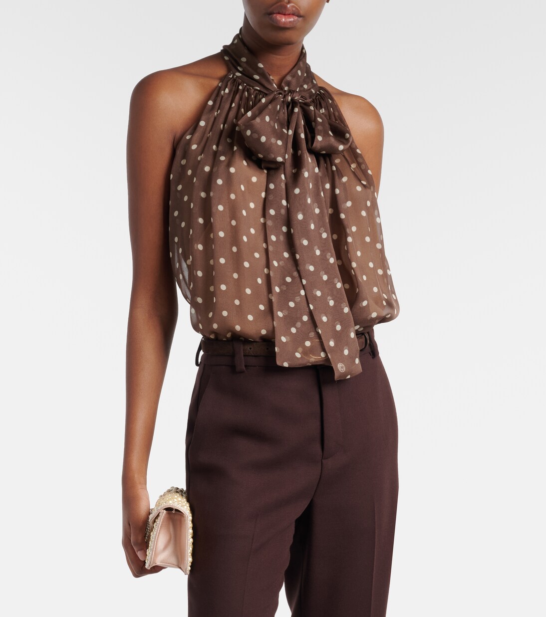 Polka-dot tie-neck silk chiffon top | Elie Saab