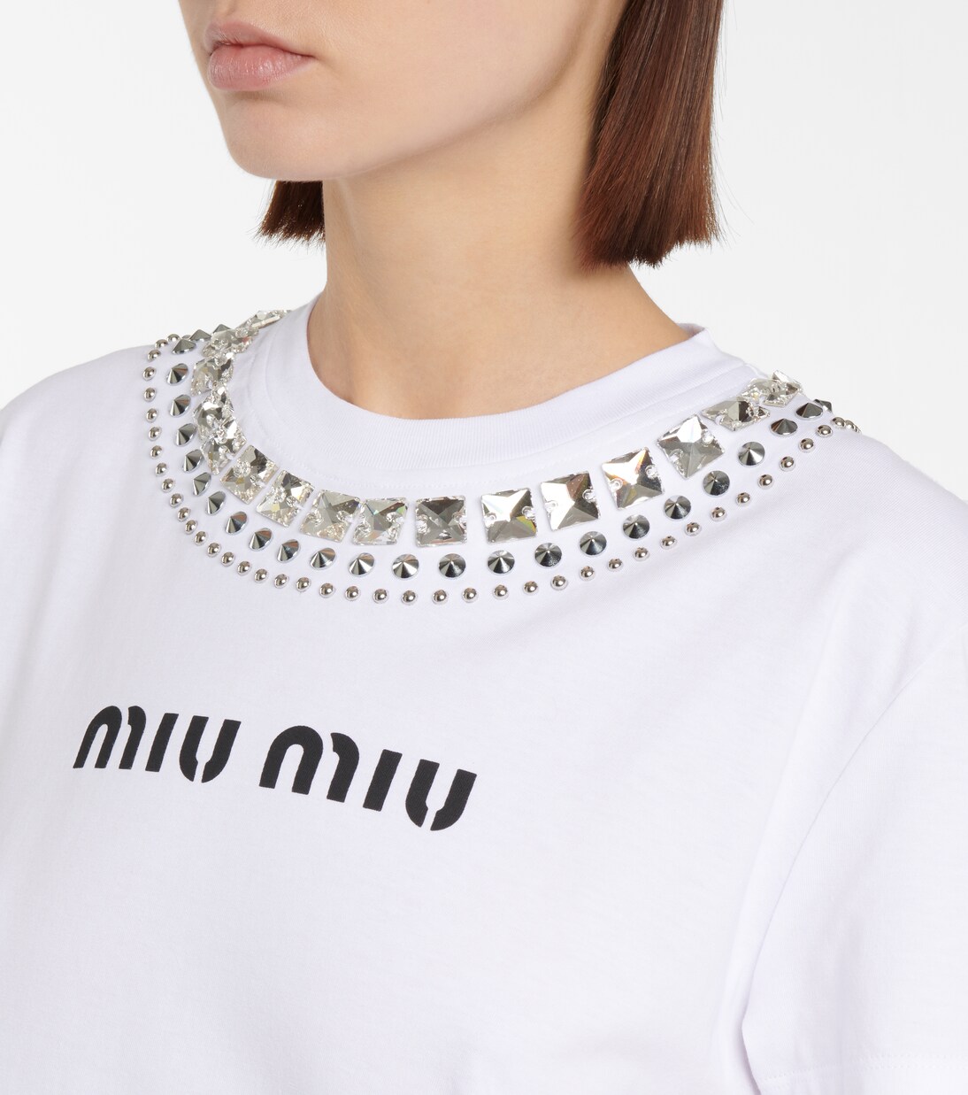 T-shirt in cotone con borchie | Miu Miu