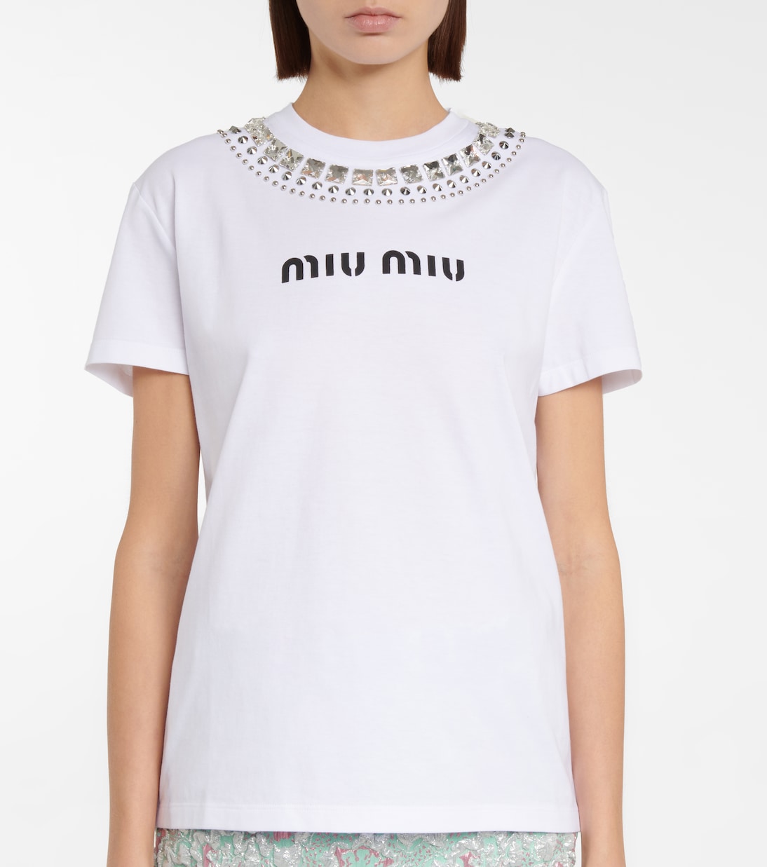 T-shirt in cotone con borchie | Miu Miu