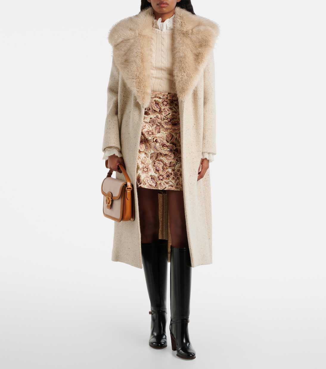 Faux fur-trimmed virgin wool wrap coat  | Valentino