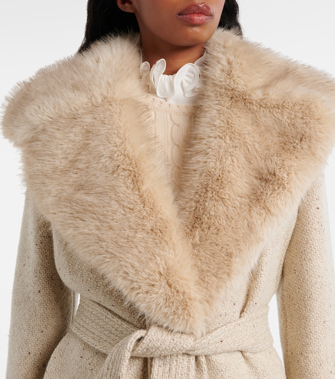 Faux fur-trimmed virgin wool wrap coat  | Valentino