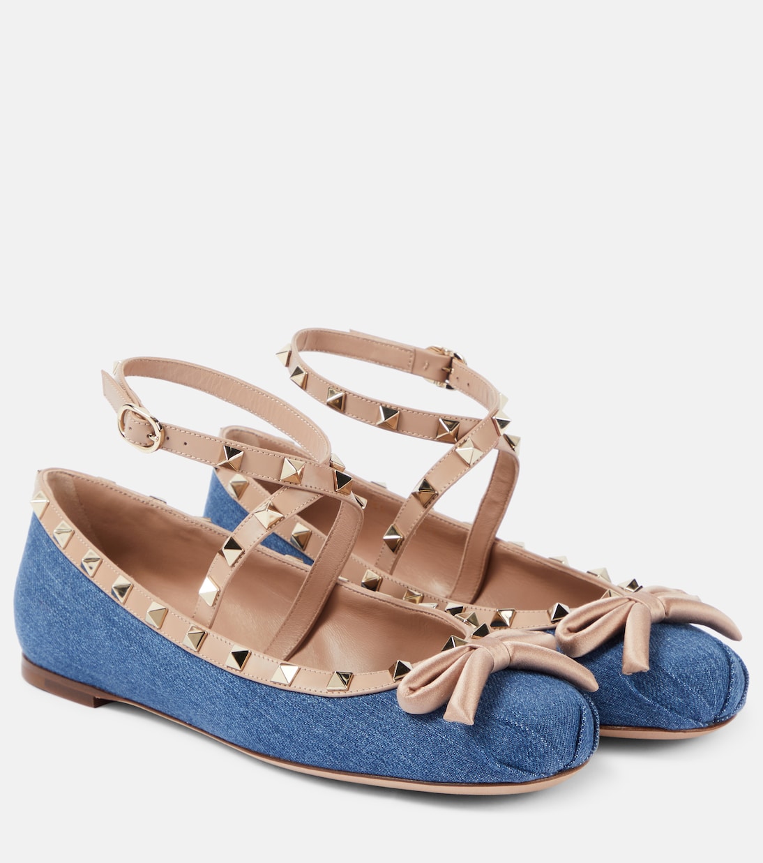 Rockstud leather-trimmed denim ballet flats | Valentino Garavani
