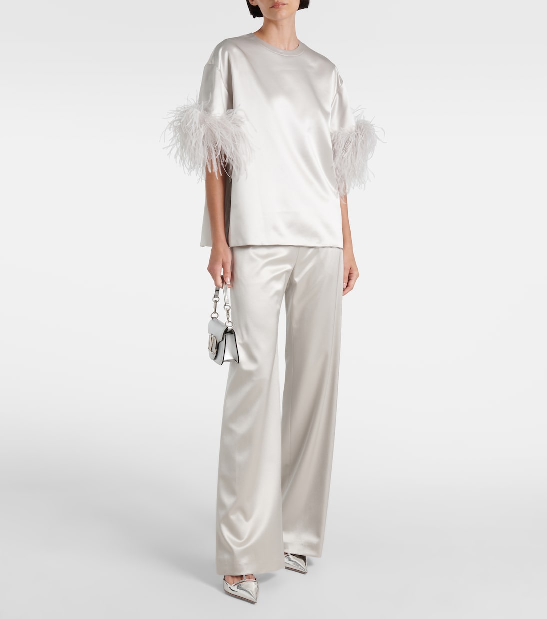 Feather-trimmed silk satin top | Valentino