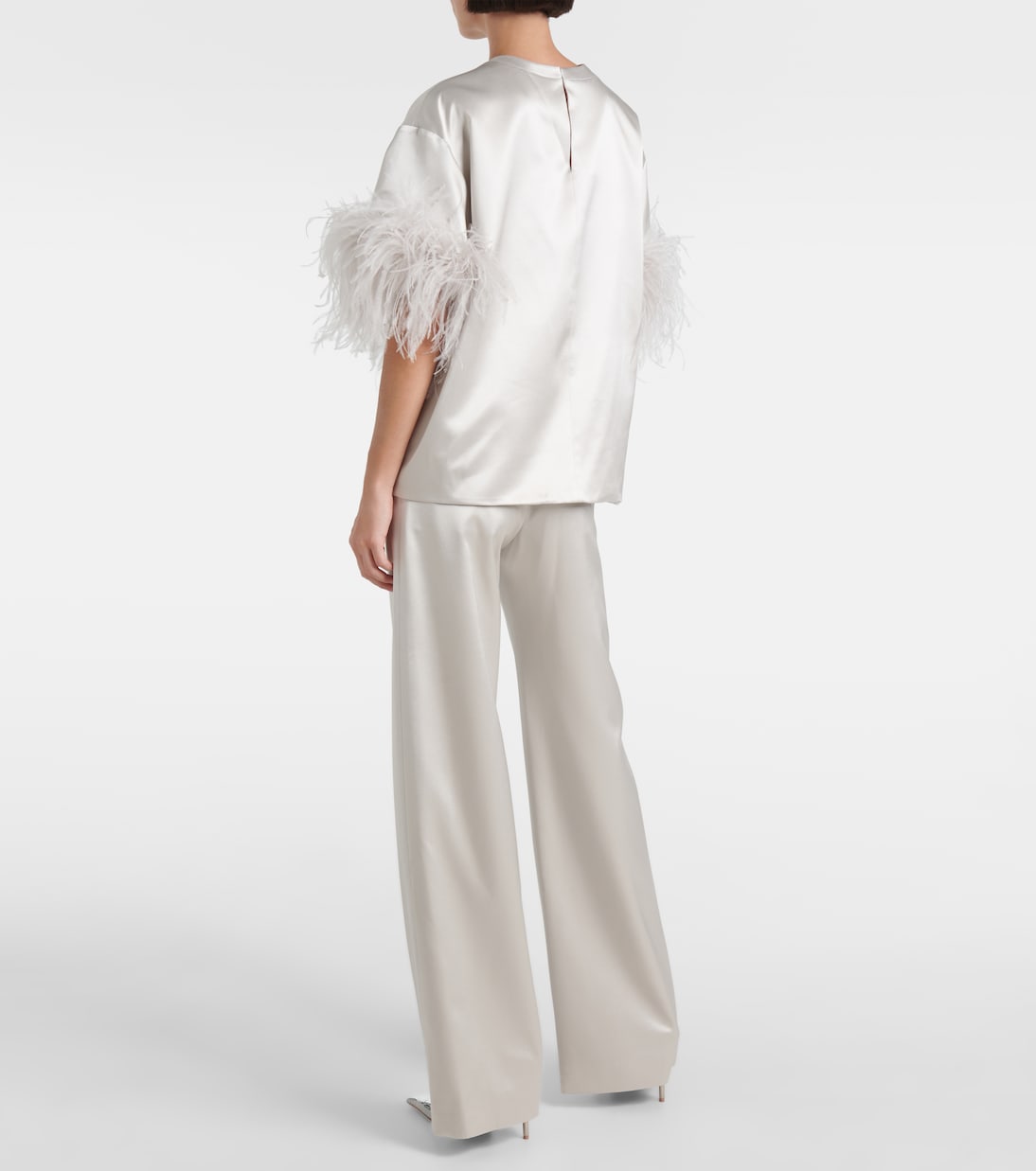Feather-trimmed silk satin top | Valentino