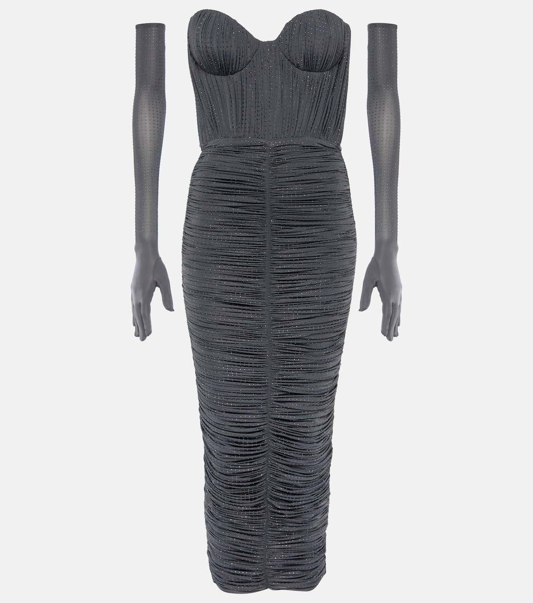 Crystal embellished ruched jersey midi dress in grey Alex Perry Mytheresa
