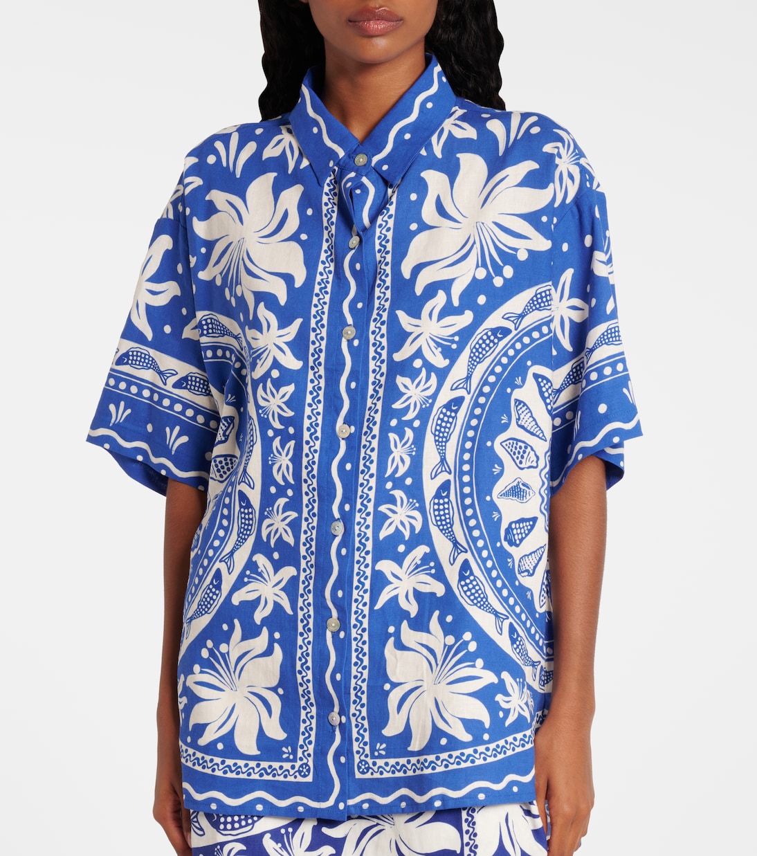 Ocean Scarf printed linen-blend shirt | Farm Rio
