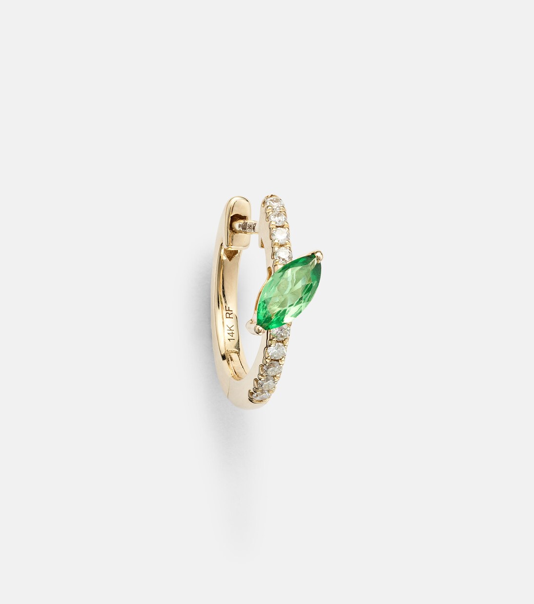 Boucle d'oreille unique en or 14 ct, diamants et grenat vert | Roxanne First