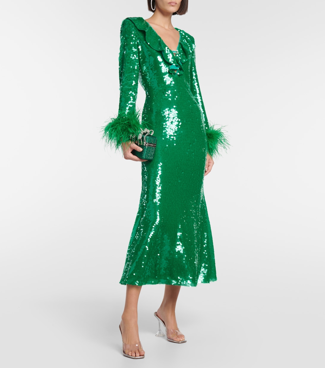 Feather-trimmed sequined midi dress | Self-Portrait