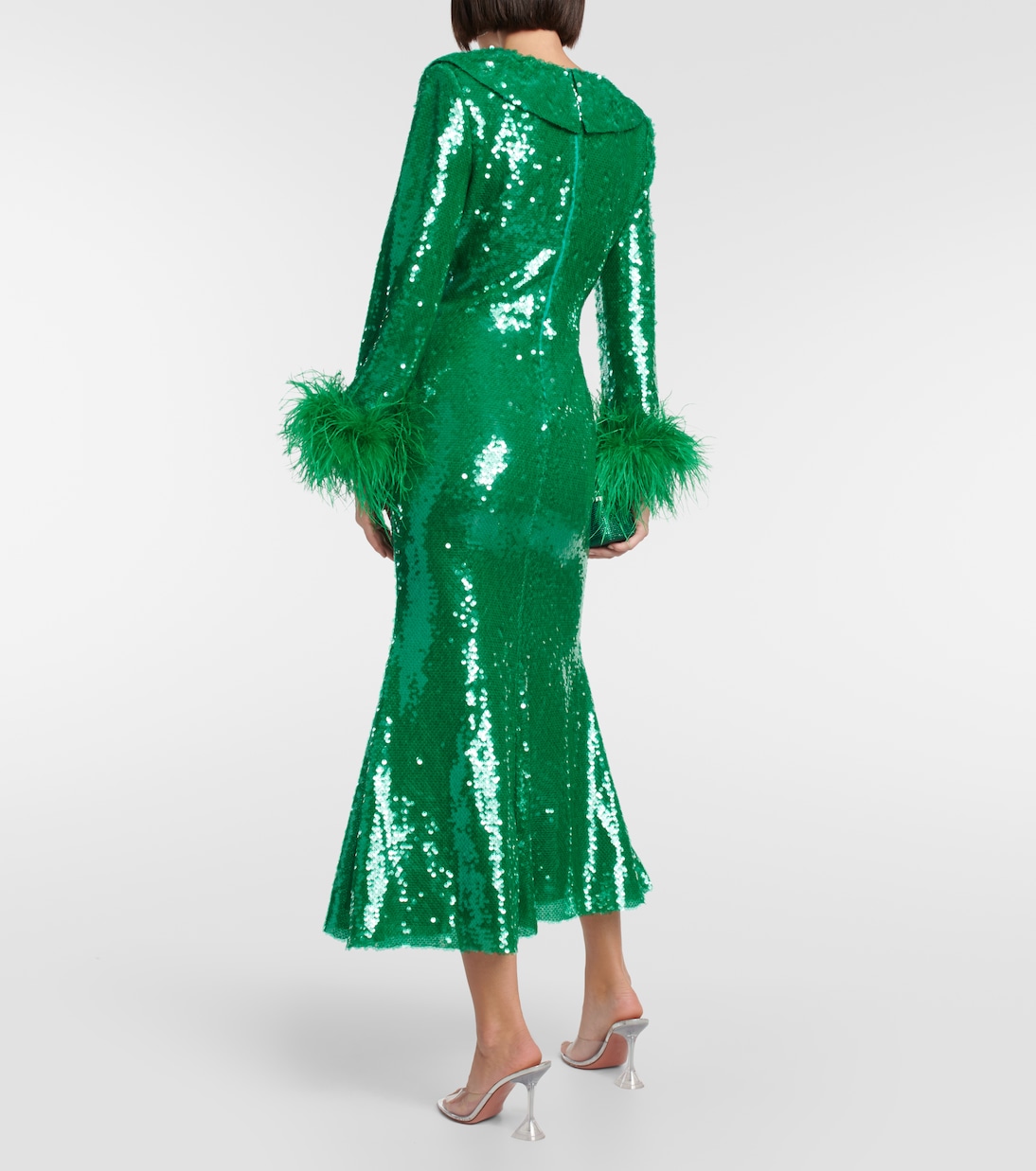 Feather-trimmed sequined midi dress | Self-Portrait