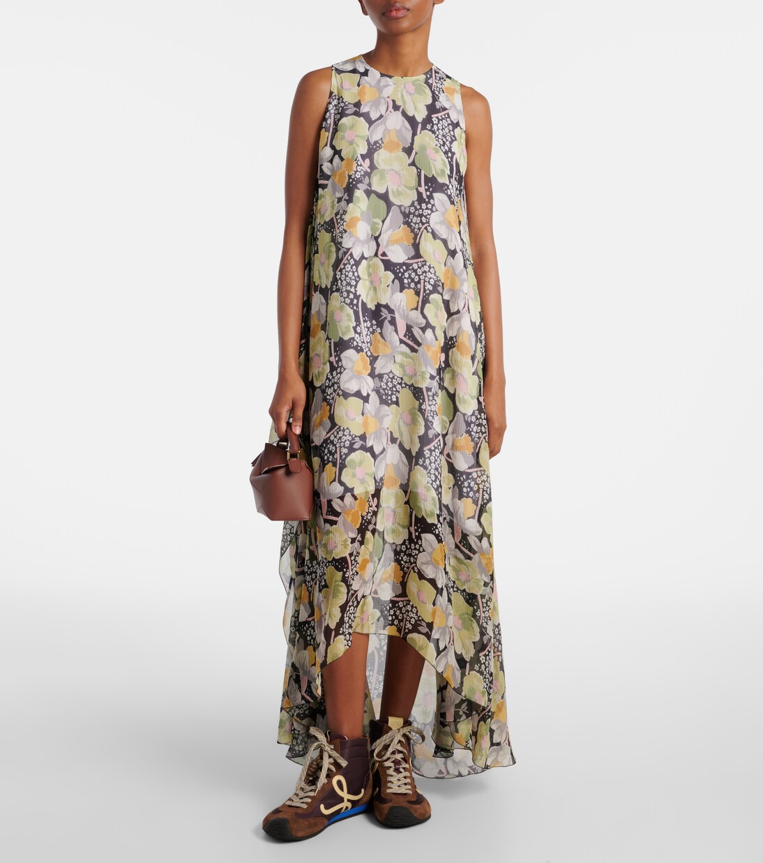 Robe longue asymétrique en soie à fleurs | Loewe