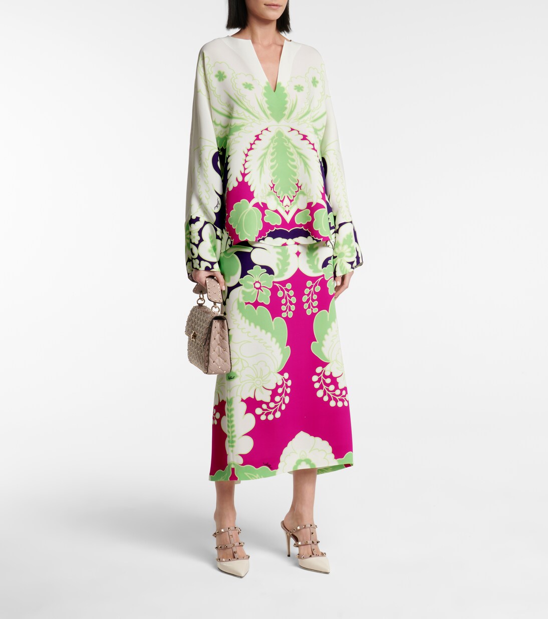 Valentino – Jupe midi à taille haute en soie à fleurs | Valentino