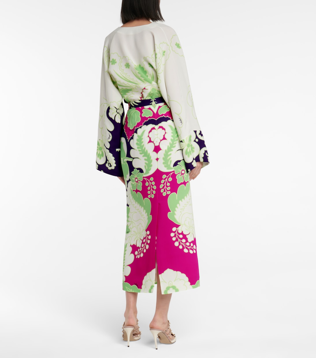 Valentino – Jupe midi à taille haute en soie à fleurs | Valentino