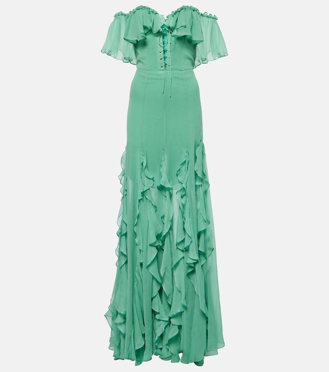 Off-shoulder corset silk gown | Costarellos
