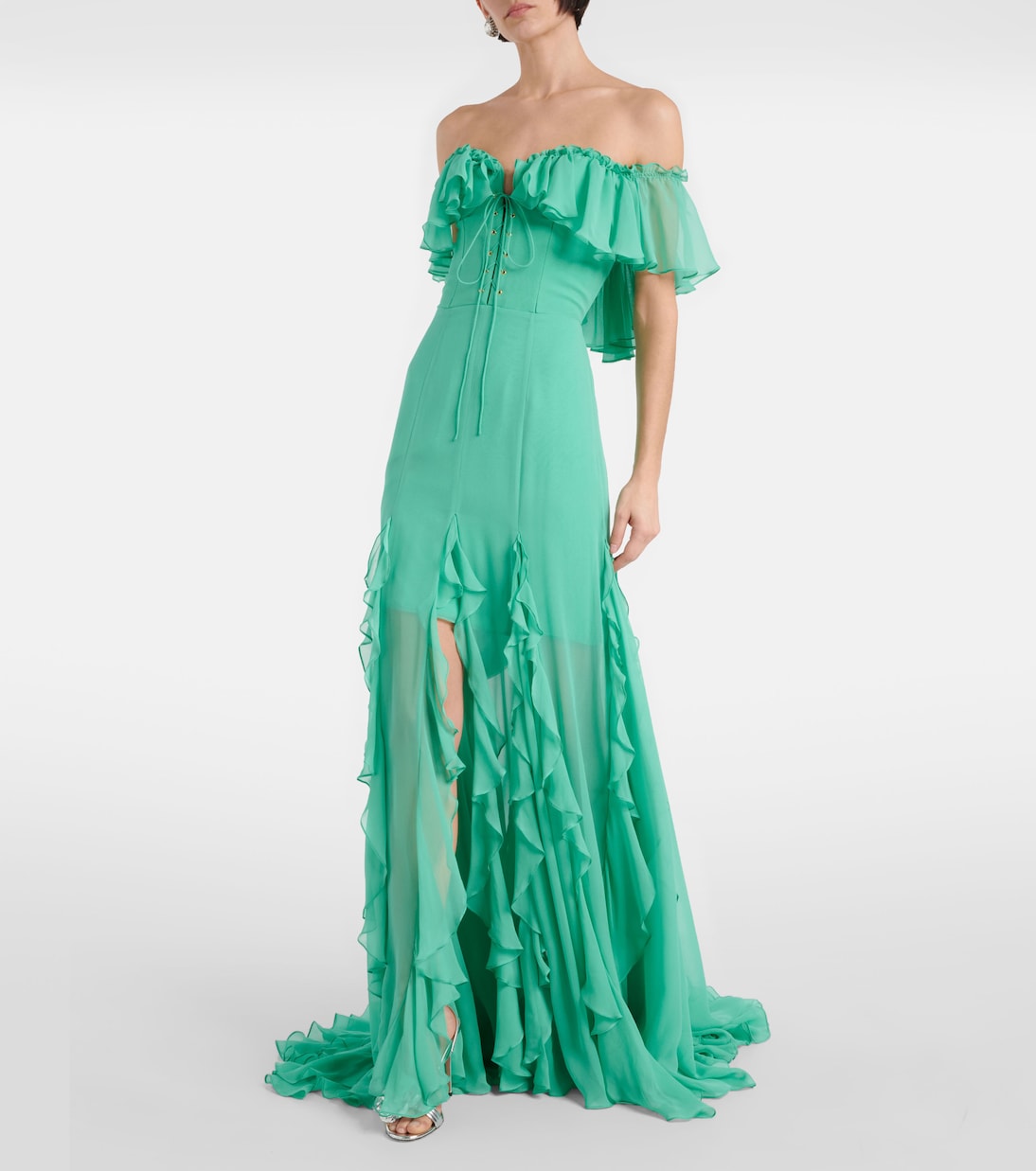 Off-shoulder corset silk gown | Costarellos