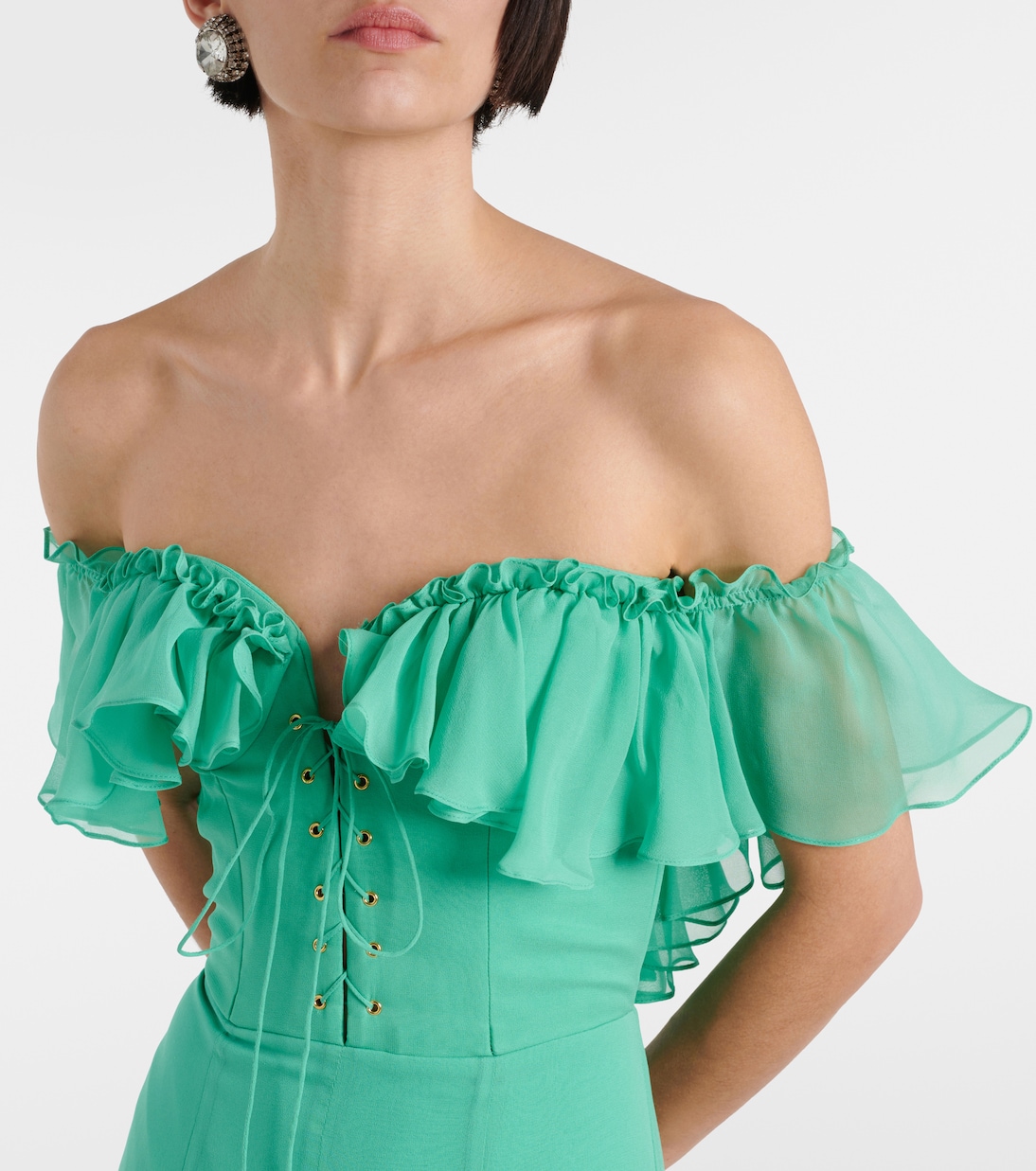 Off-shoulder corset silk gown | Costarellos