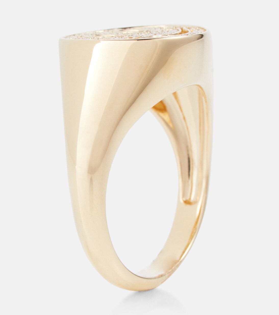 Anello in oro giallo 14kt con diamanti e dettaglio smile, stile giovane e trendy.