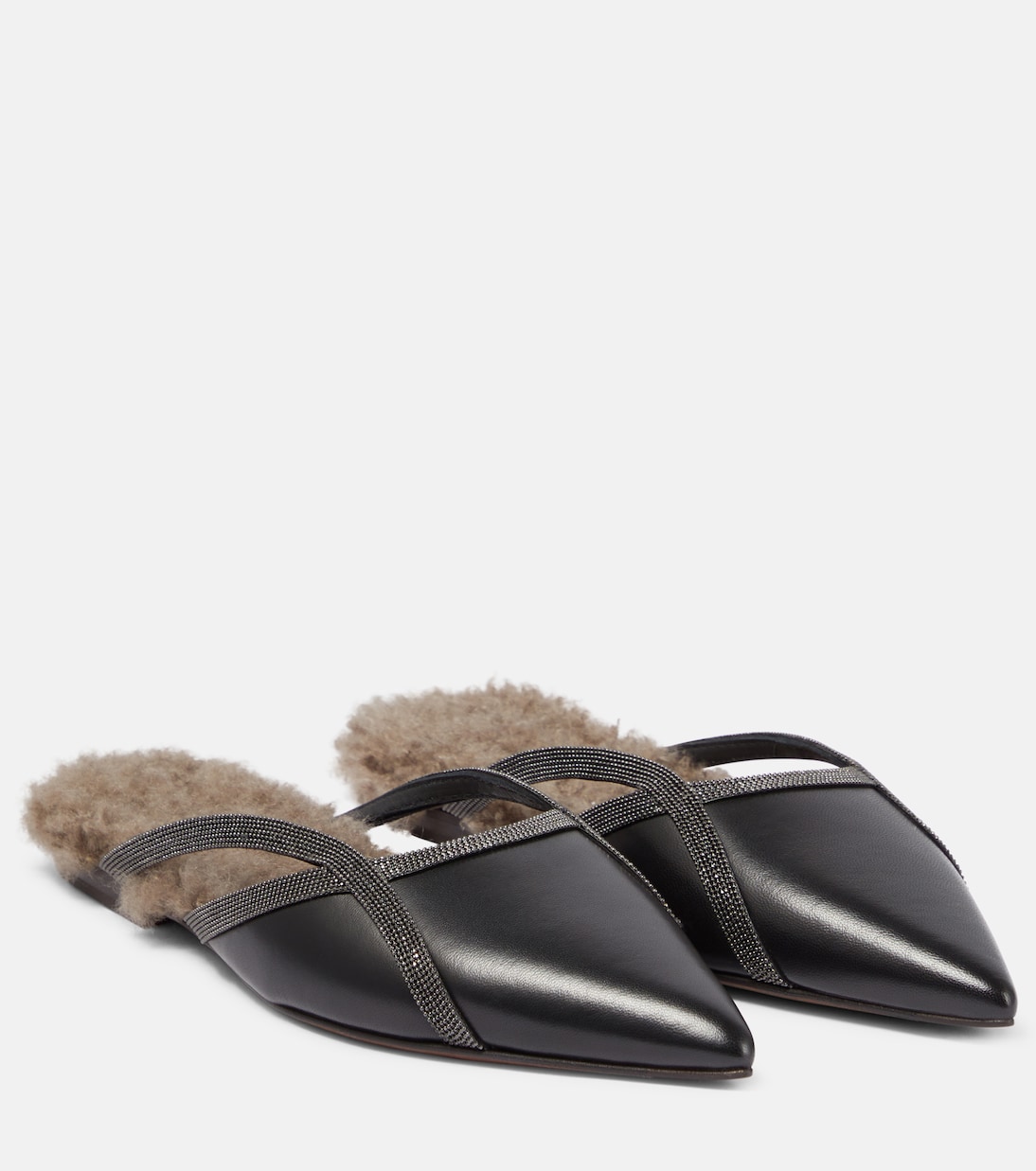 Shearling-trimmed leather slippers | Brunello Cucinelli