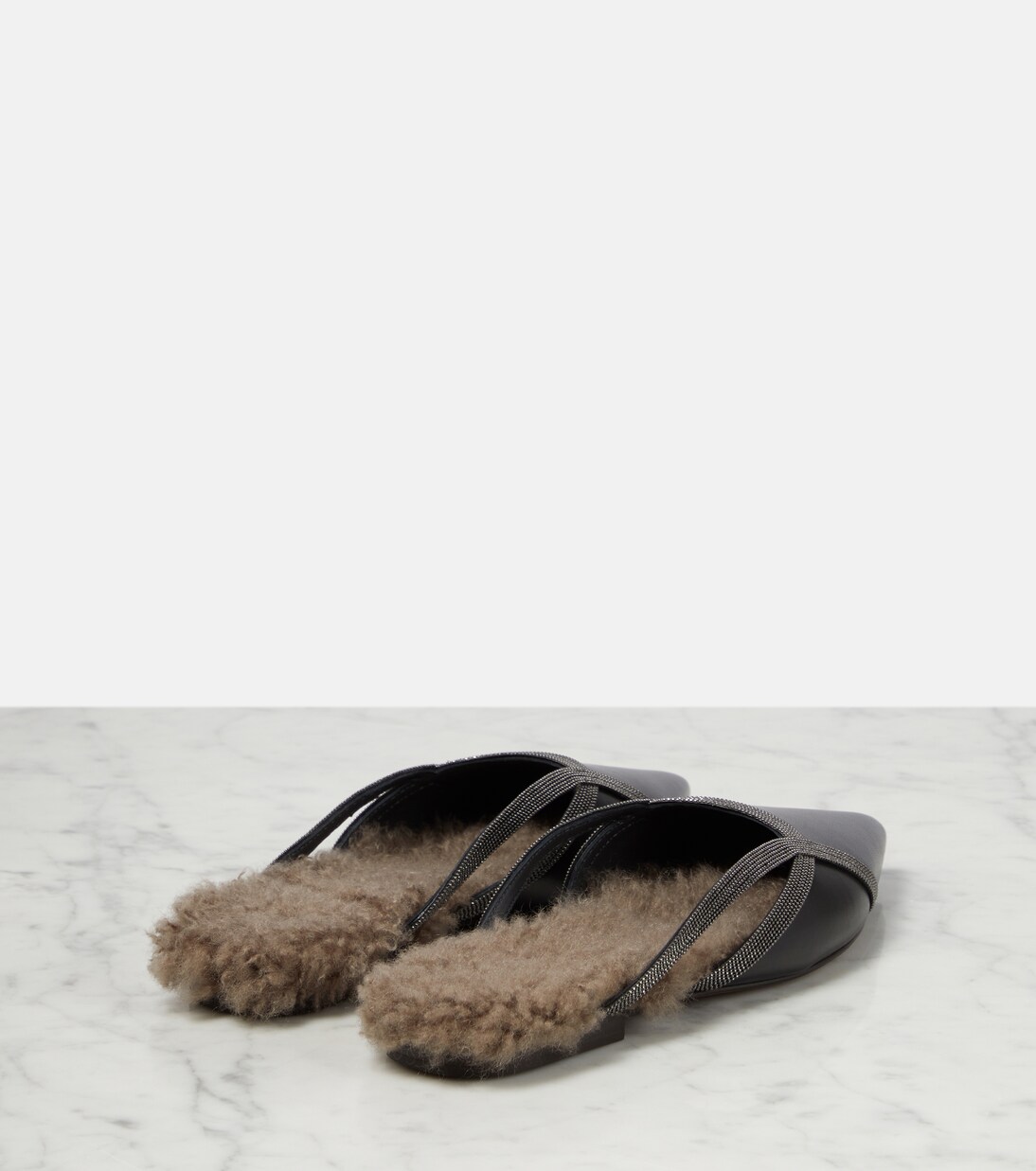 Shearling-trimmed leather slippers | Brunello Cucinelli