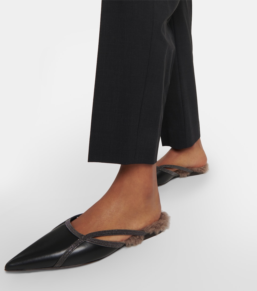 Shearling-trimmed leather slippers | Brunello Cucinelli