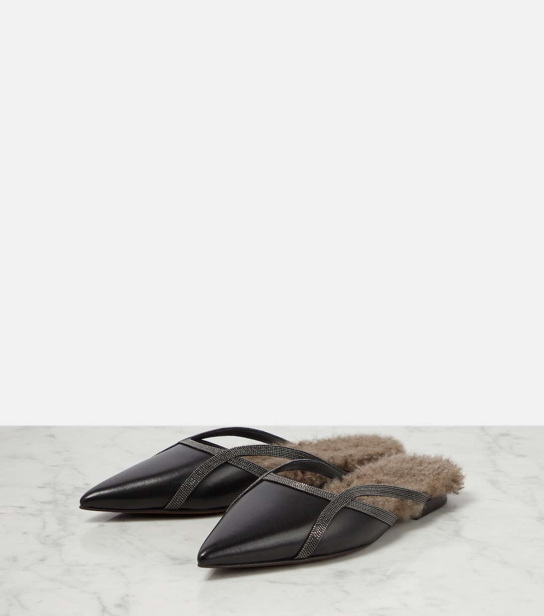 Shearling-trimmed leather slippers | Brunello Cucinelli