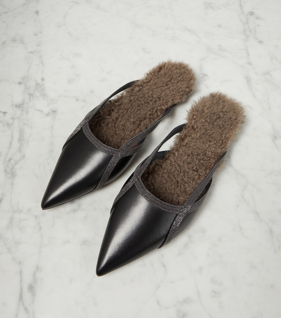 Shearling-trimmed leather slippers | Brunello Cucinelli