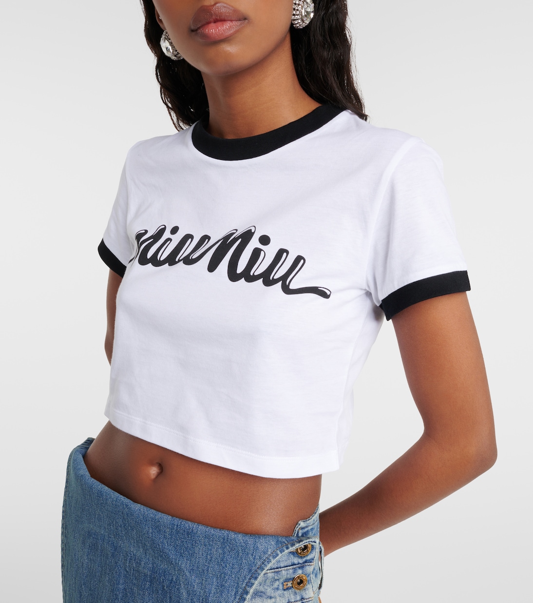 Cardigan cropped in cotone a righe | Miu Miu