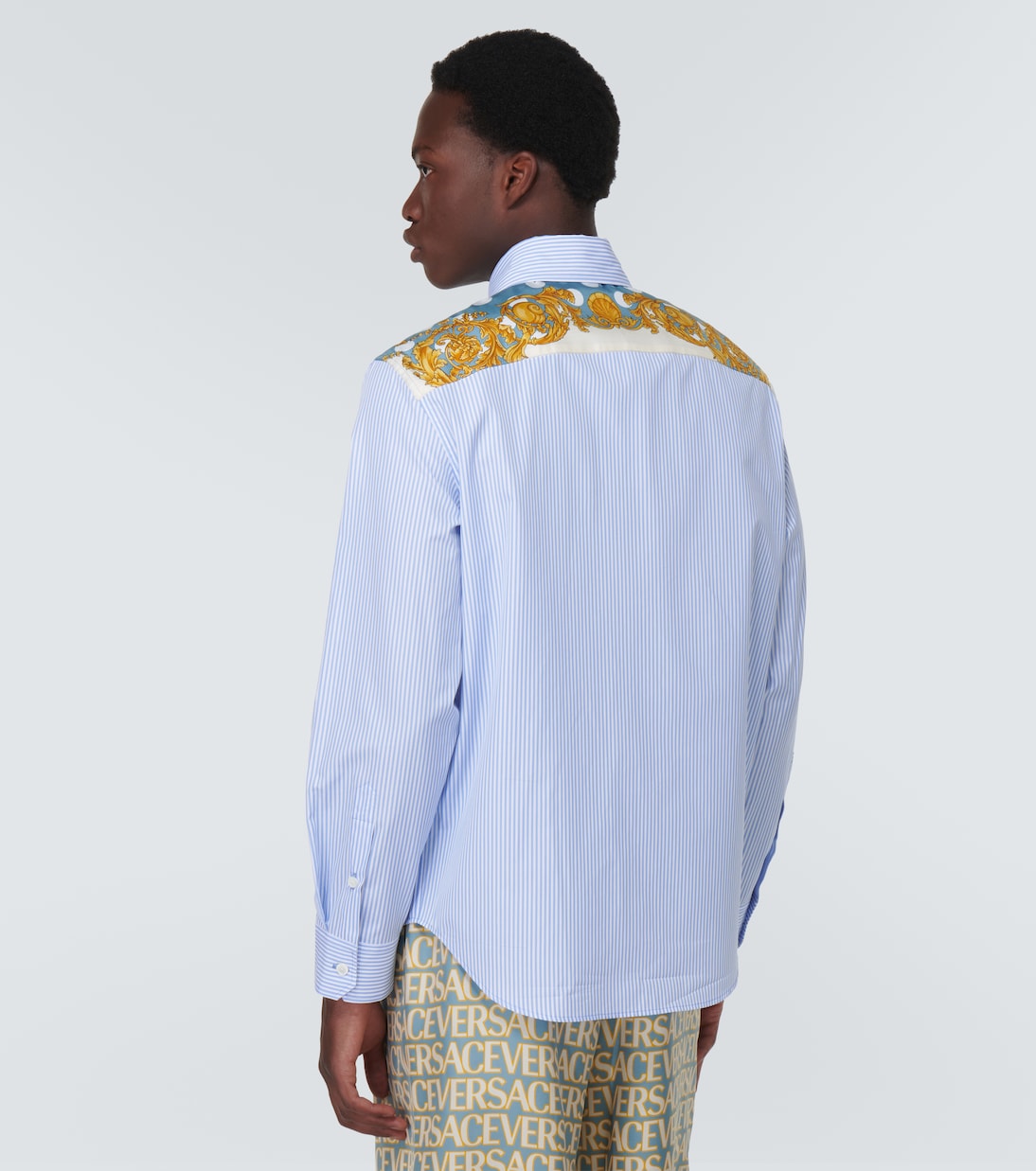 Embroidered pinstriped cotton shirt in blue - Versace