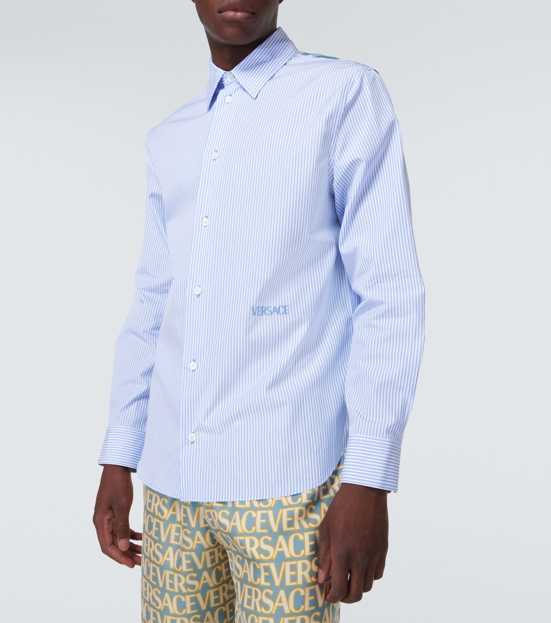 Embroidered pinstriped cotton shirt in blue - Versace