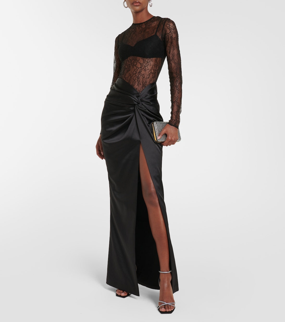 Draped lace and satin maxi dress | Rasario