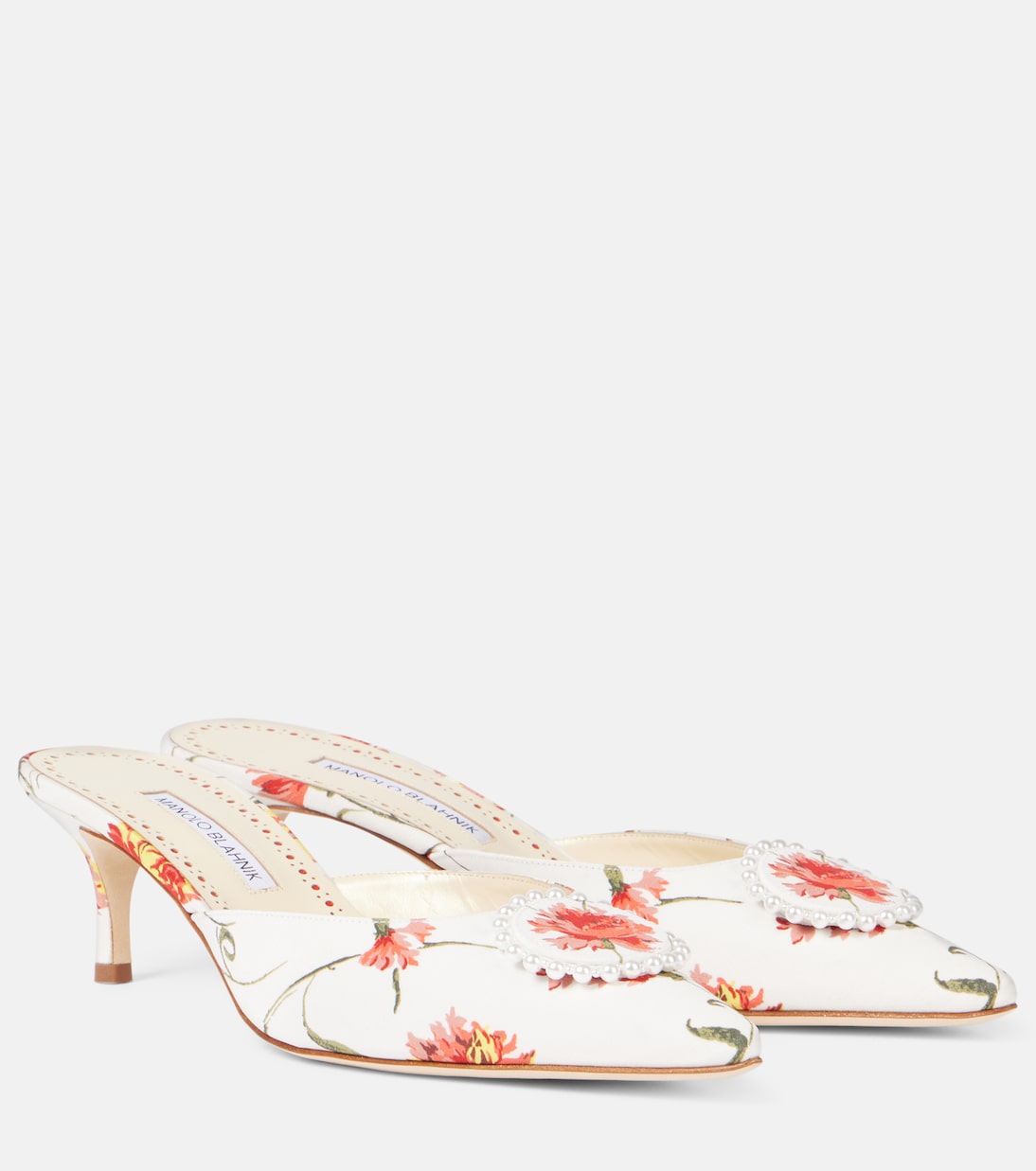 Mules Kifatmu 50 in raso con stampa floreale | Manolo Blahnik
