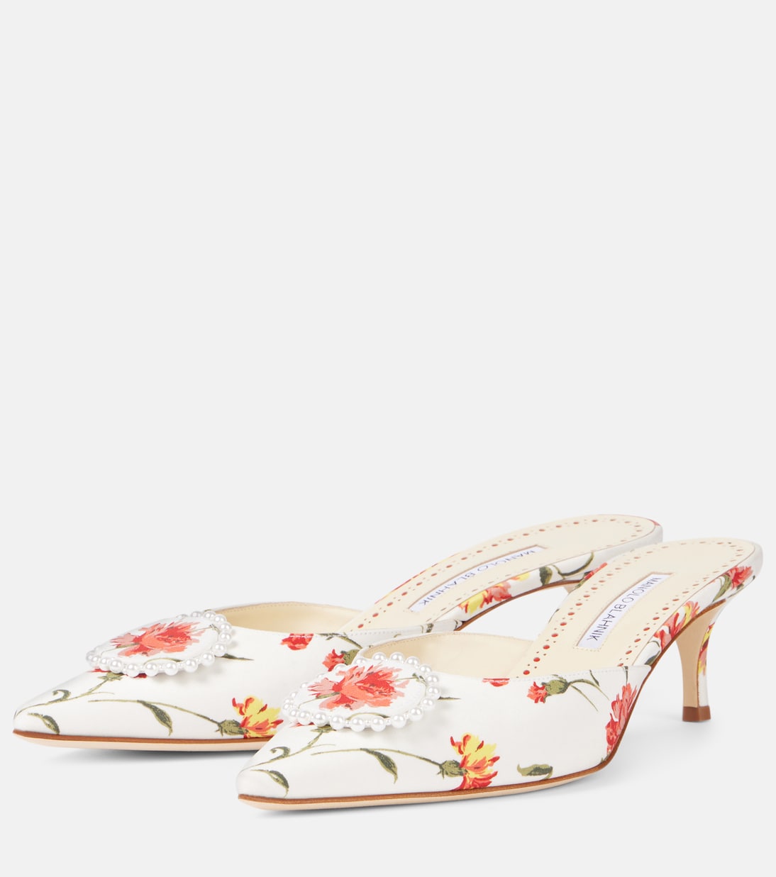 Mules Kifatmu 50 in raso con stampa floreale | Manolo Blahnik