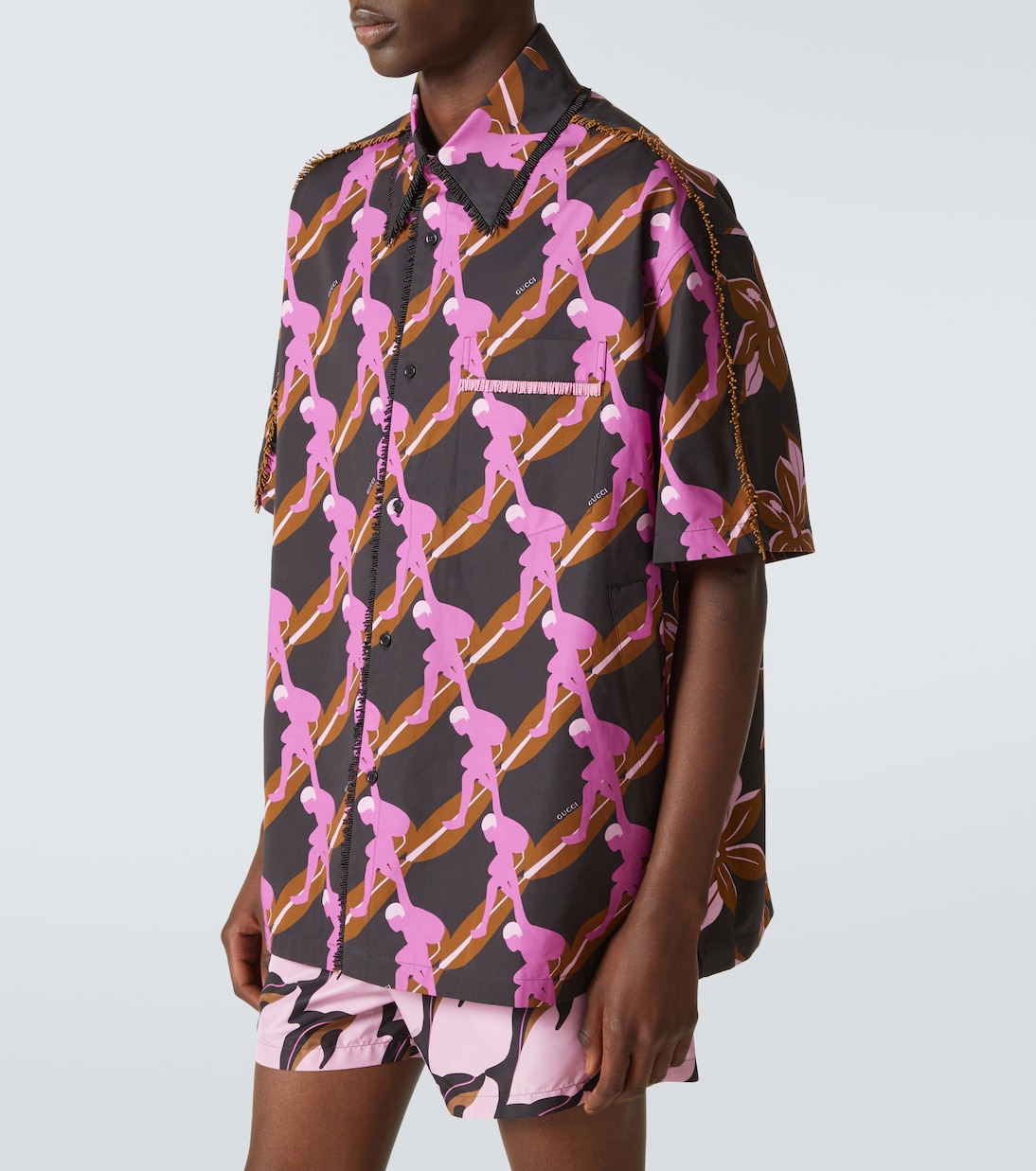 Camicia in cotone con stampa e frange | Gucci