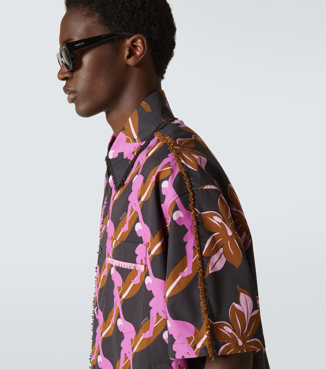 Camicia in cotone con stampa e frange | Gucci