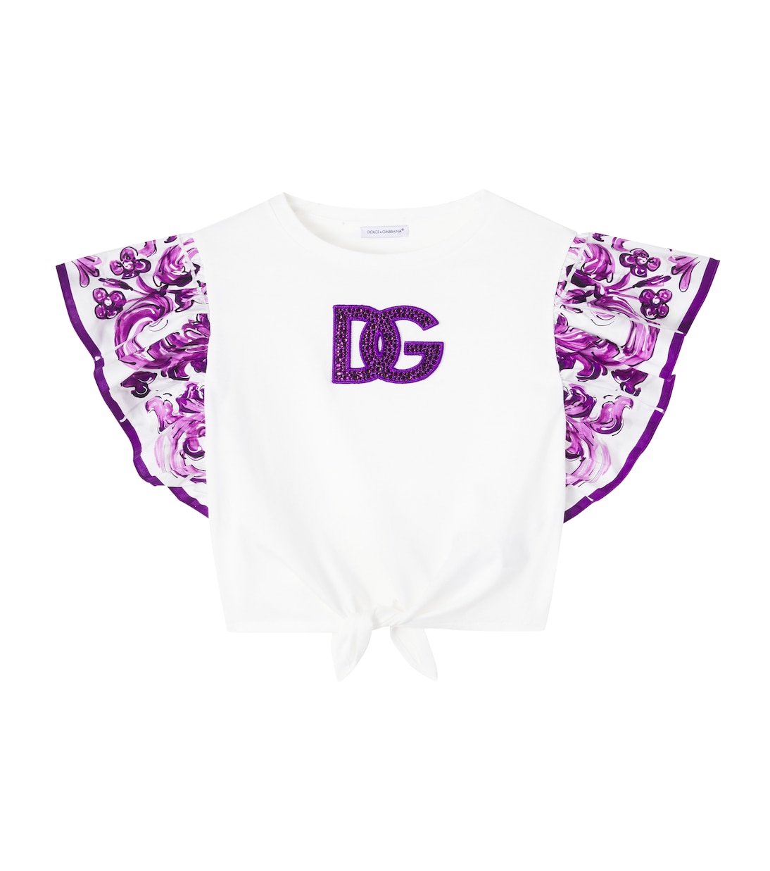 T-shirt DG Majolica in cotone con paillettes | Dolce&Gabbana Kids