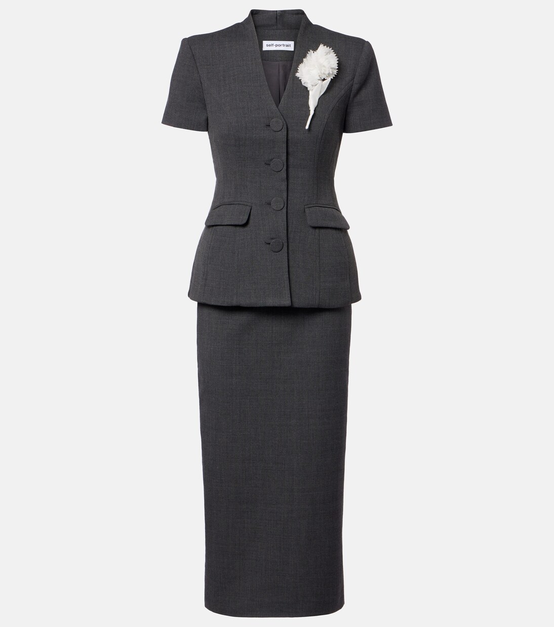 Vestido midi con peplum y aplique floral | Self-Portrait