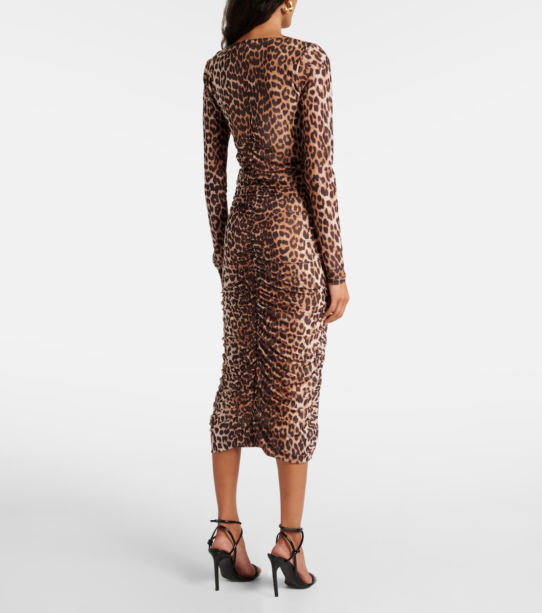 Leopard-print ruched mesh midi dress | Ganni