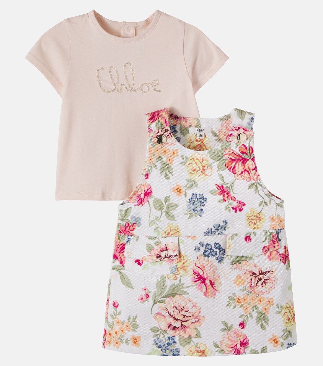 Baby logo floral cotton dress and T-shirt set | Chloé Kids
