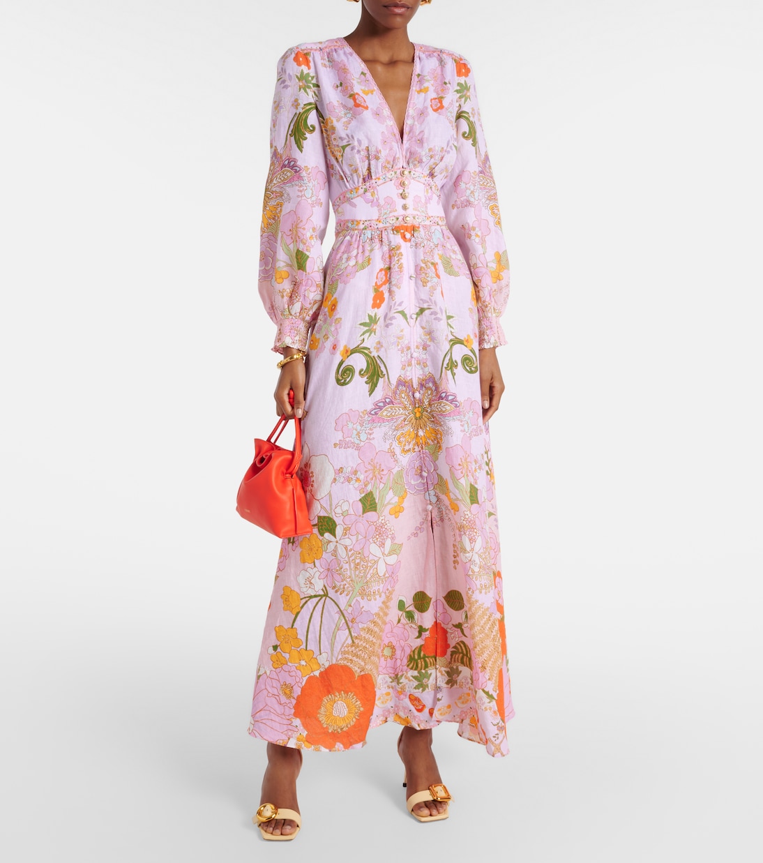 Vestido largo de lino floral adornado | Camilla