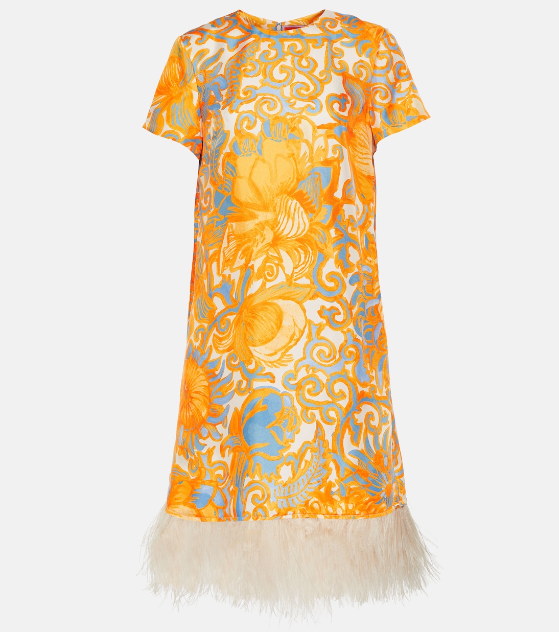 Printed feather-trimmed silk minidress | La DoubleJ